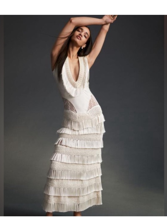 PatBO Dresses & Skirts - PatBO Fringed Trim V-Neck Maxi Dress